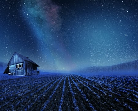 Blue Sky - field, sky, house, nature