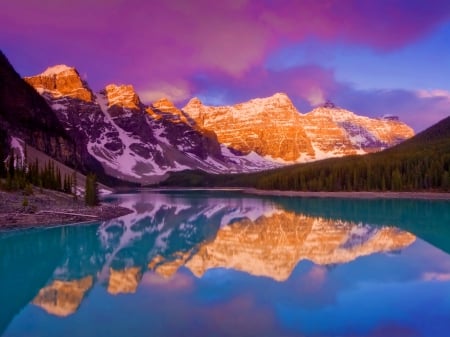 Moraine lake - slope, lake, sky, moraine, landscape, mountain, hills, trees, lovely, peak, reflection, clouds, beautiful