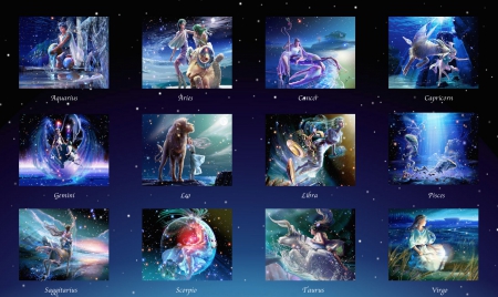Zodiac Collage - taurus, capricorn, cancer, art, aries, leo, libra, collage, digital, pisces, zodiac, aquarius, gemini, virgo, saggitarius, scorpio