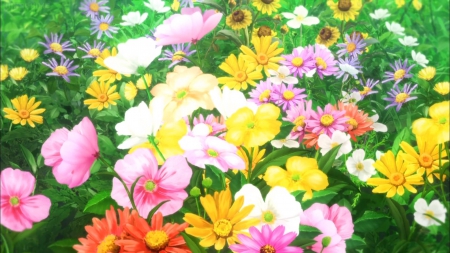 KC: Flower Bed - pretty, anime, yellow, blossom, scene, grass, kantai collection, pink, kantai, hd, flower field, field, nice, beautiful, scenic, beauty, lovely, sweet, flower, flower bed, cg, green, floral