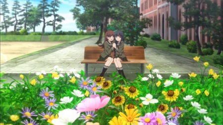 Lovey Dovey - pretty, anime, anime girl, kanrtai collection, female, blossom, girl, scene, lovely, flower, sweet, kanrtai, bench, nice, floral, couple