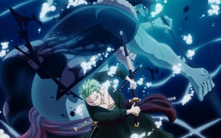 Impossible - fishman, one piece, pirate hunter, new fishman pirates, swords, captain, underwater, roronoa zoro, hody jones, fishman island arc, royal palace, slash, anime, pirate, impossible, manga