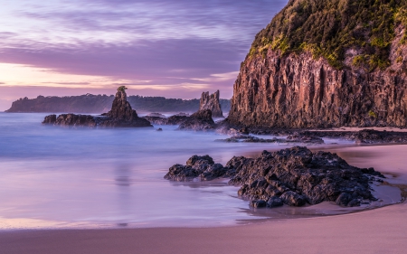 Sunset on a Beach - beach, nature, rocks, sunset