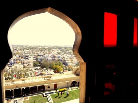 Through the window - light, red, window, building