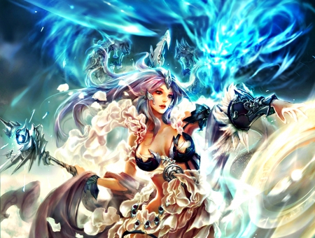 Storm Goddess - woman, zinnadu, art, girl, game, blue, legend of the cryptids, storm goddess