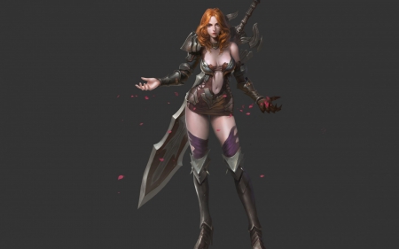 Fantasy girl - woman, redhead, game, grey, girl, weapon, fantasy