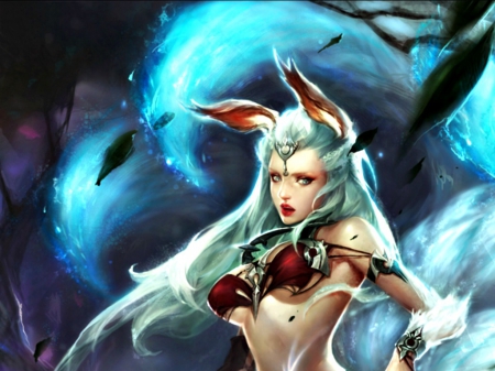 Gumiho - woman, girl, nine tailed, fantasy, zinnadu, fox, gumiho, game, blue, legend of the cryptids