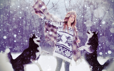 Winter joy - husky, winter, snow, girl, dog, black, white, animal, purple, woman