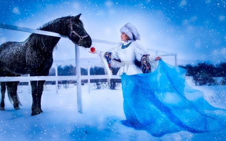 Friends - winter, blue, snow, girl, friend, horse, russian, black, white, animal, red, woman, model, fruit, apple