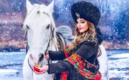 Two beauties - hat, winter, blue, girl, horse, russian, white, animal, red, woman, model, fruit, apple