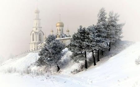 Winter Art - artwork, trees, church, snow