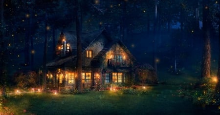 The Firefly Cottage - nature, cottage, night, splendor, house, grass, lights