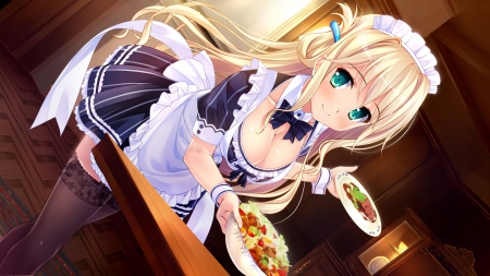 Here Ur Order - nice, beauty, female, hot, blond, anime girl, tray, blond hair, pretty, blonde hair, anime, food, cute, sexy, girl, adorable, long hair, apron, lovely, cg, hd, kawaii, beautiful, sweet, maid, blonde