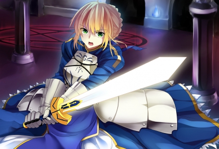 Saber - pretty, saber, anime, magic, female, dress, blonde, blond hair, armor, blond, hd, weapon, nice, anime girl, sinsiter, girl, sword, blonde hair, lovely, sweet, knight, blade, cg, glow, glowing, fate stay night