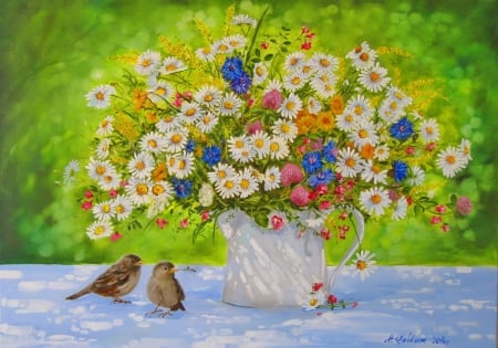 Spring bouquet - freshness, fragrance, greenery, bouquet, lovely, still life, spring, painting, art, pretty, scent, flowers, garden, birds