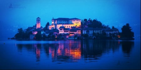 San Giulio Island, Lake of Orta, Italy - sunset, water, church, buildings