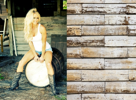 Resting On A Barrel - style, girls, western, women, models, ranch, cowgirls, fun, female, barns, boots, blondes, fashion