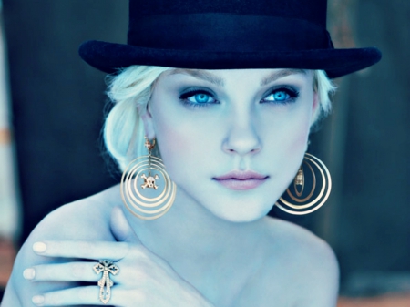 Jessica Stam - woman, beauty, hat, girl, eyes, jewel, jessica stam, model, blue, blonde