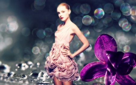 Jessica Stam - flower, purple, pink, model, jessica stam, by cehenot, girl, dress, bokeh, glitter, grey, woman