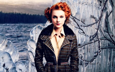 Jessica Stam - winter, redhead, by cehenot, woman, model, girl, Jessica Stam, icicles