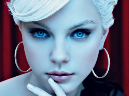 Jessica Stam - face, red, model, blonde, jessica stam, girl, eyes, blue, woman