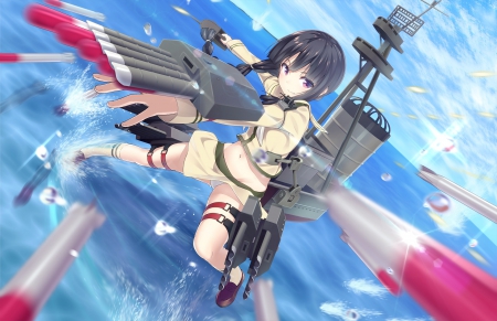 Kantai - Ocean, Kantai Collection, Skirt, Black Hair, Kantai, Anime Girl, Anime, Ship, Long Hair, Wallpaper, Collection, Missiles, Sea