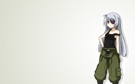 Laura Bodewig - Cargo Pants, Infinite Stratos, Anime Girl, Tanktop, Yellow Eye, Anime, Long Hair, Red Eye, Eyepatch, Silver Hair, Wallpaper