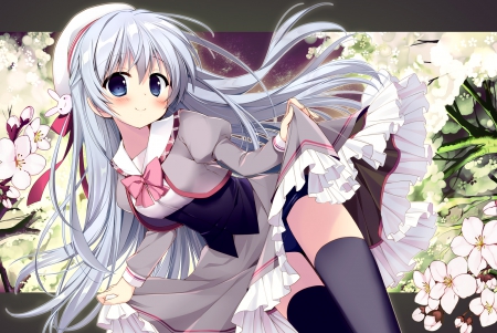 Anime Girl - ribbon, blush, wallpaper, hat, silver hair, anime, anime girl, dress