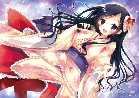 Anime Girl - long hair, wallpaper, anime girl, black hair, bow, microphone, anime, kimono, japanese clothes