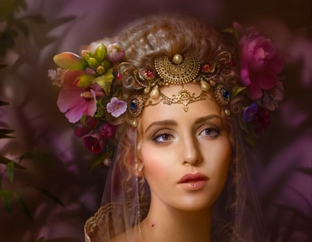 Fine Beauty - woman, jewelry, girl, flowercrown, fantasy, face, art, fine, beautiful, digital