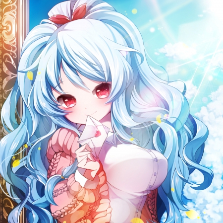 â™¡ Letter - cute, maiden, beautiful, hot, sublime, anime girl, adorable, girl, red eyes, lady, gorgeous, blue hair, pretty, kawaii, beauty, sweet, anime, hd, letter, cg, long hair, petals, angelic, nice, lovely, sexy, female