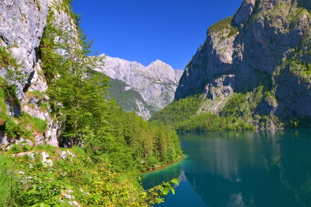 Above lake Obersee - calm, trees, beautiful, reflection, mountain, view, serenity, lake, Obersee, sky, rocks