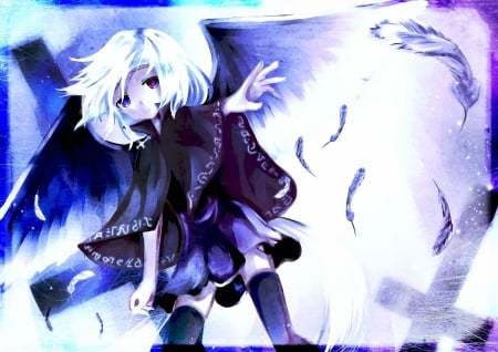 moody angel - winged, feathers, dark, anime, anime girl, girl, wings, angel, emotional