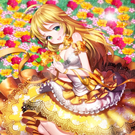 Gold Ribbon - female, smiling, blond, anime girl, angelic, laying, blond hair, blonde hair, petals, anime, ribbon, cute, adorable, girl, long hair, lay, loli, gown, kawaii, floral, blossom, blush, smile, dress, blonde, happy, lolita, flower