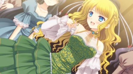 Maiden - anime girl, blonde hair, lady, adorable, blushing, blue eyes, long hair, beautiful, sweet, dress, happy, nice, beauty, female, smiling, blond, angelic, gorgeous, pretty, anime, blouse, cute, maiden, girl, gown, lovely, cg, hd, kawaii, sublime, smile, blonde, green yellow