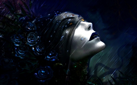 The dark side - profile, blue, girl, dark, black, fantasy, bright, woman, water drops, rain, face, art, luminos