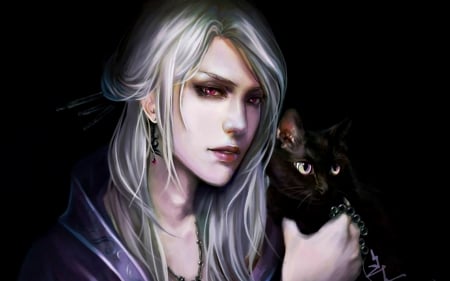 Our secret - game, amethyst eyes, wizard, pink, man, cat, elf, black, fantasy, white, art