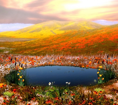 Landscape with mountain and lake - slope, lake, sky, mountain, beautiful colour flowers, lovely, nature, round, colour  landscape, view, pretty, clouds, small lake, beautiful, wildflowers