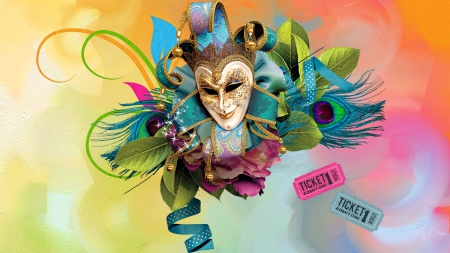 Face of Mardi Gras - Fat Tuesday, bows, Carnival, flowers, colorful, mask, bright, ribbon, feathers, tickets, Lenten