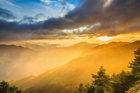 Sunset - rays - clouds, Sunset, rays, forest, mountains