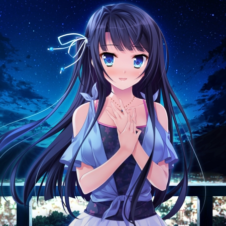 Manazuru Misaki - pretty, anime, kawaii, female, blue, maiden, dress, long hair, happy, gorgeous, blue hair, ribbon, hd, nice, smiling, anime girl, beautiful, girl, sundress, beauty, lovely, sweet, cg, smile, blouse, lady, angelic, cute, adorable