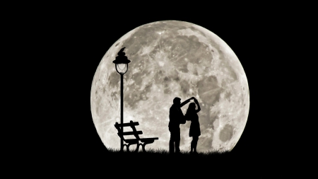 ღ - moon, bench, romance, dancing, night, love, lantern