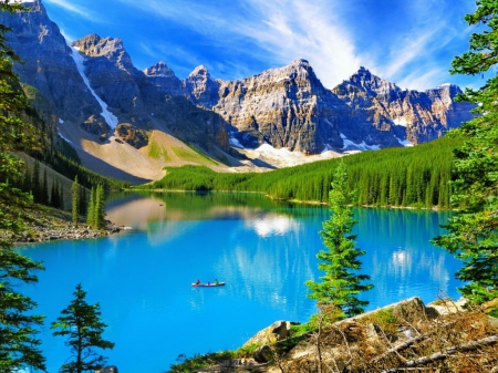 Moraine lake - alberta, sky, rocks, view, reflection, tree, cliffs, moraine, lake, landscape, mountain, shore, peaks, lovely, beautiful, blue, canada, canoe