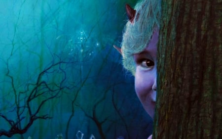 Little forest demon - forest, child, demon, blue, art, fantasy, tree, mist, boy, horns