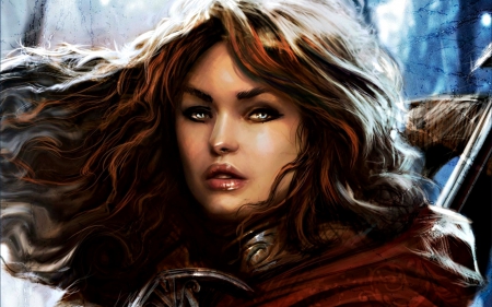 Warrior girl - face, warrior, brown, fantasy, game, girl, woman