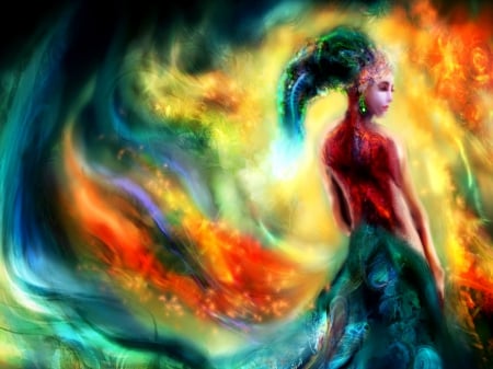 Fantasy girl - red, yellow, girl, blue, art, rainbow, fantasy, woman, colorful, green