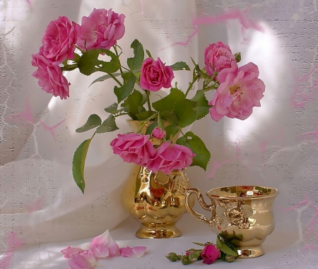 Still Life - still life, roses, pink, gold