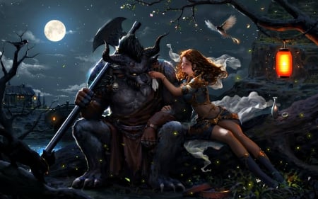 Beauty and the Beast under the full moon - moon, beauty, monster, light, night, fantasy, bird, art, lantern, dark, beast