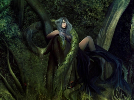 Fantasy girl - fantasy, black, girl, snake, woman, art, green