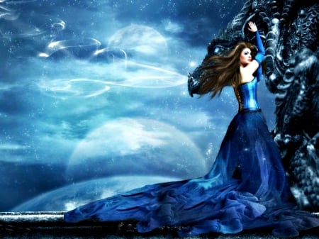 The Princess and her Dragon - water, girl, dress, blue, art, fantasy, moon, dragon, princess, woman